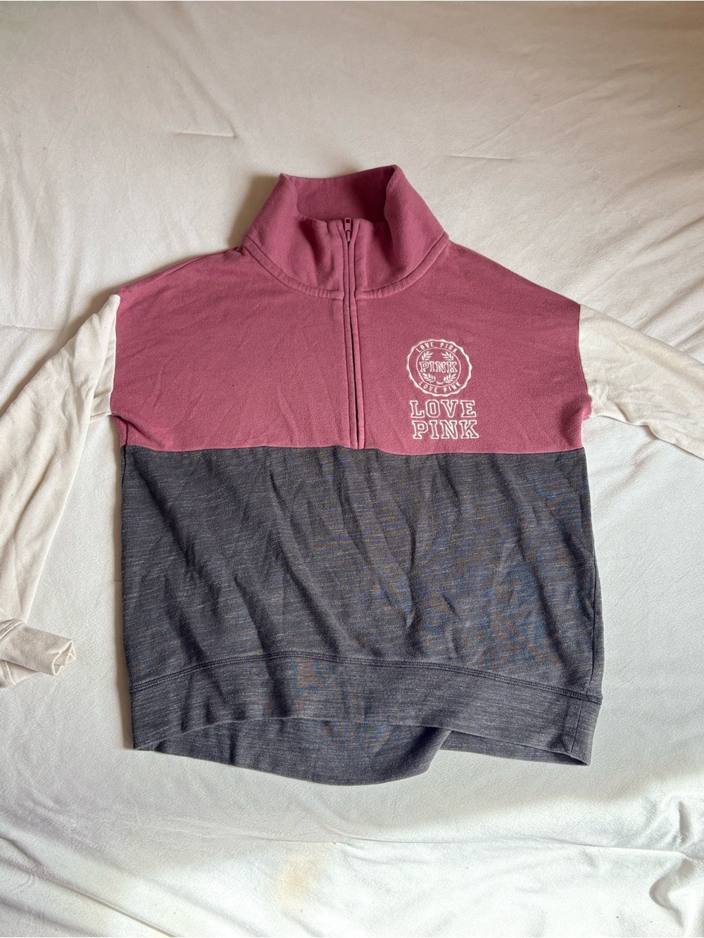 PINK Victoria's Secret Three-Tone Half-Zip Pullover - Pink/Gray/Cream